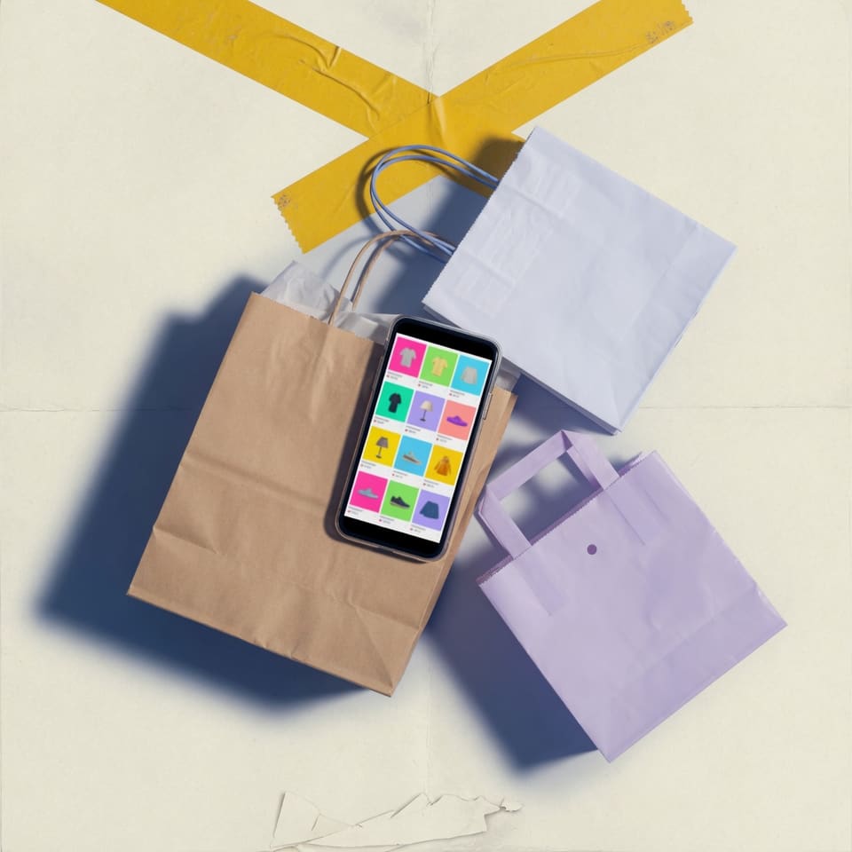 Bolsas y un teléfono con una grilla genérica de productos, sin marcas